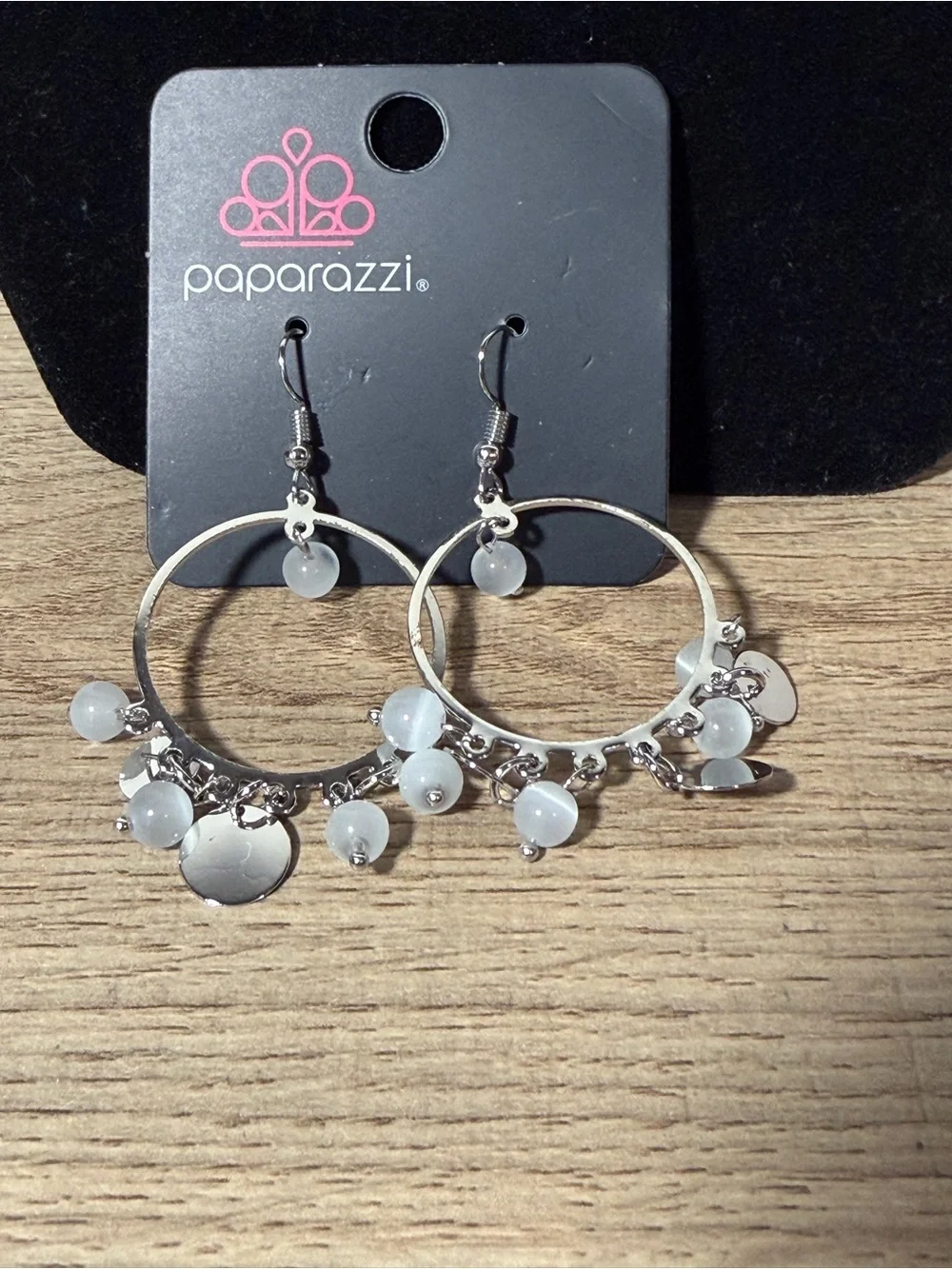 paparazzi Silver Hoop Earrings with Frosted White Beads & Disc Charms